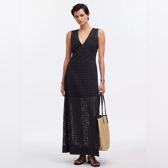 NEW Madewell Eyelet V-Neck Maxi Dress 12 Black V-Neck Cottagecore Lined 0908 - Picture 2 of 9